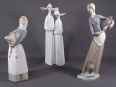 THREE LLADRO FIGURINES - girl with pitchers, girl with lamb and two nuns
