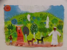 CHRISTOPHER CORR gouache on paper - hillside landscape with figures and animals, signed, 21 x 29cms