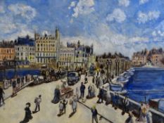 M C SULMAN oil on board - bridge over a river with numerous figures, signed and dated 1965, 60 x