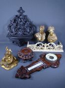 TREEN - two composite busts, barometer, shelves ETC