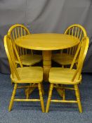 LIGHT WOOD CIRCULAR DROP LEAF DINING TABLE and four stickback chairs, 78.5cms H, 91.5cms D the