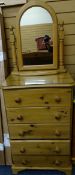 COMPACT REPRODUCTION PINE CHEST of five drawers with wooden knobs, 93cms H, 61cms W, 45cms D and a