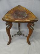 INTERESTING TRIANGULAR TOPPED HARDWOOD STOOL on shaped supports and conjoining stretcher, 46.5cms H