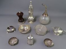SMALL SILVER TABLEWARE including a pierced top sugar caster, a two handled dish with frosted glass