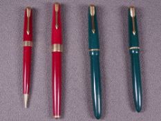 PARKER - Two vintage (1950s-60s) green Parker fountain pens, one Parker Slimfold with gold trim