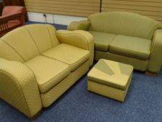 TWO ART DECO LOUNGE SETTEES and a footstool, 80cms H, 138 and 168cms W, 63cms D the seats