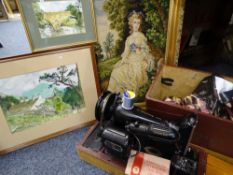 SINGER SEWING MACHINE, cased and a quantity of tapestries/paintings