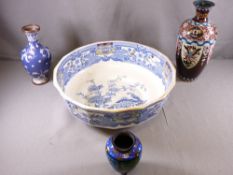 MASONS IRONSTONE WASHBOWL, 40cms D and three cloisonne vases