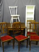 VINTAGE OAK DRAW LEAF DINING TABLE and four highback chairs along with a wicker drawer storage