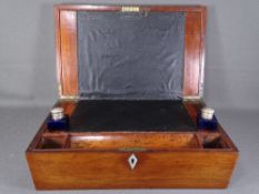 ANTIQUE WRITING SLOPE with T shaped brass hinges and a pair of cobalt blue glass inkwells