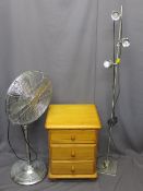 CHROME RISE & FALL FAN, brushed steel three light standard lamp and a modern pine three drawer