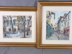 P E CAMBIER watercolours, a pair - French street scenes, 21 x 17cms