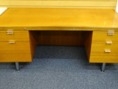 MID CENTURY TEAK OFFICE DESK with aluminium handles on chrome supports, 72cms H, 180cms W, 90cms D