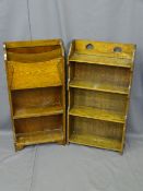 TWO VINTAGE OAK BOOKSHELVES, one having an upper magazine rack, 81 x 43 x 15cms and 81 x 39 x 15cms