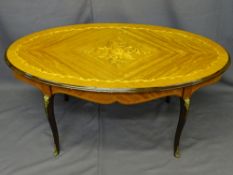 ITALIAN INLAID OVAL COFFEE TABLE with gilt metal mounts, 49cms H, 107cms L, 58.5cms W