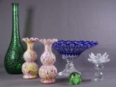 GLASSWARE - cobalt blue pedestal bowl, an Italian made raised bubble effect wine bottle, pair of