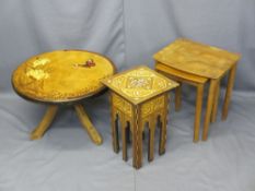 QUALITY STAINED LEATHER CIRCULAR TOPPED COFFEE TABLE, 40cms H, 58.5cms diameter, a multi-wood and