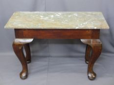 RECTANGULAR MARBLE TOPPED CONSOLE TABLE on substantial supports, 73.5cms H, 107cms L, 46cms D