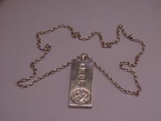 ONE OZS STERLING SILVER INGOT with St Christopher emblem on a belcher style chain