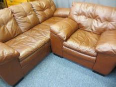 LOUNGE SETTEE & MATCHING ARMCHAIR, modern soft brown leather effect, 85cms H, 205cms W, 57cms D
