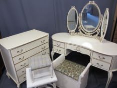 FRENCH STYLE CREAM PART BEDROOM SUITE of kidney shaped dressing table with triple mirror, 131cms