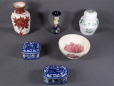 MOORCROFT PEDESTAL BOWL (seconds), Moorcroft bud vase, Doulton vase, Chinese blue and white