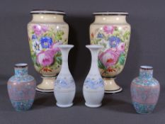 MILK GLASS & OTHER VASES, three matching pairs, various sizes