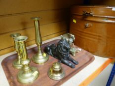 ASSORTED METALWARE including painted metal hat box, candlesticks, recumbent lion
