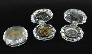 SWAROVSKI CRYSTAL COIN BOXES (two signed) with gold and silver coins (original boxes) (3)