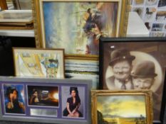 ASSORTED PICTURES including oil on canvas of Venice, landscapes, Amy Winehouse digital collage