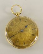 19TH CENTURY SWISS 18CT GOLD FOB WATCH, Roman numerals, open face, key wind, 39mm diameter