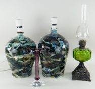 ASSORTED ITEMS including two Gwili pottery table-lamps, Victorian oil lamp and Whitefriars stem vase