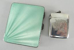 GEORGE V SILVER & GUILLOCHE ENAMEL CIGARETTE CASE and late Victorian silver vesta case (2)