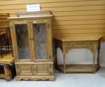 MODERN PAIR LEAD GLAZED OAK DWARF CABINETS and credence table en suite (3)