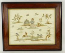 17TH CENTURY STYLE SILK NEEDLEWORK PICTURE depicting a maiden beside a castle amid animals and