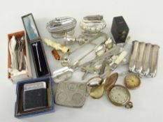 ASSORTED COLLECTABLES including two Ronson lighters, cheroot holder, silver cigar case, sets of