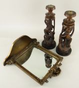 TWO EAST AFRICAN HARDWOOD FIGURAL TABLE LAMPS, 28cms high, together with a small giltwood mirror