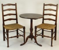 19TH CENTURY OAK TRIPOD TABLE & PAIR OAK & RUSH SEATED SIDE CHAIRS (3)