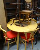 MODERN PALE OAK CIRCULAR DINING TABLE with inset glass, four chairs en-suite, joined oak