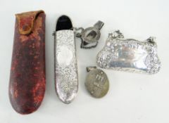 PARCEL OF SILVER TO INCLUDE SILVER ENGRAVED GLASSES HOLDER WITH BELT CLIP in leather case, small