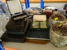 ASSORTED BOXED FLATWARE / PAIR OF JAPANESE COVERED JARS / VINTAGE STAMP ALBUM