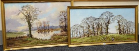 ALWYN CRAWSHAW (B.1934) acrylic on canvas - autumn lake landscape and a companion, signed, 59 x