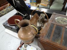 ASSORTED METALWARE including wall clock and Columbia portable gramophone