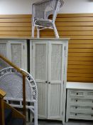 MODERN PAINTED BEDROOM FURNITURE comprising pair wicker fronted wardrobes, five drawer chest en