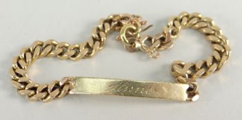 9CT YELLOW GOLD FLAT CURB-LINK ID BRACELET engraved 'Anne', 15.1gms