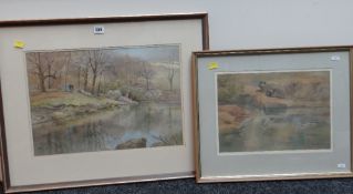 ARTHUR MILES two watercolours - coracles, rocks and sunlight, signed and dated '75, and another
