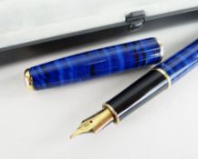 PARKER SONNET FOUNTAIN PEN, marbled blue lacquer, 18ct gold medium nib, in box