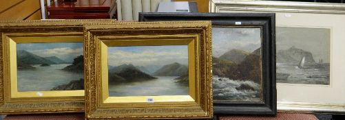 THREE PICTURES including a pair of lake landscapes by W A Wilkinson oil on canvas, 32 x 44cms, a ch
