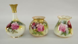 THREE ROYAL WORCESTER ITEMS comprising bottle-vase hand painted with roses signed 'M Hunt', shape