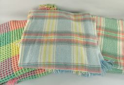THREE TRADITIONAL WOOLEN BLANKETS with woven green pink, yellow yarns